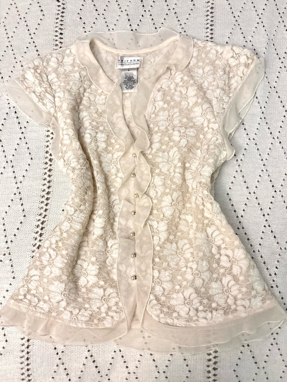 Vintage John Paul Richard Cream Lace Ruffle Short Sleeve Blouse